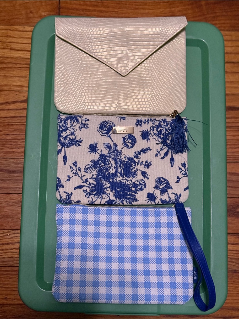 ipsy Blue Floral, Gingham & Cream Three-Piece Pouch Set